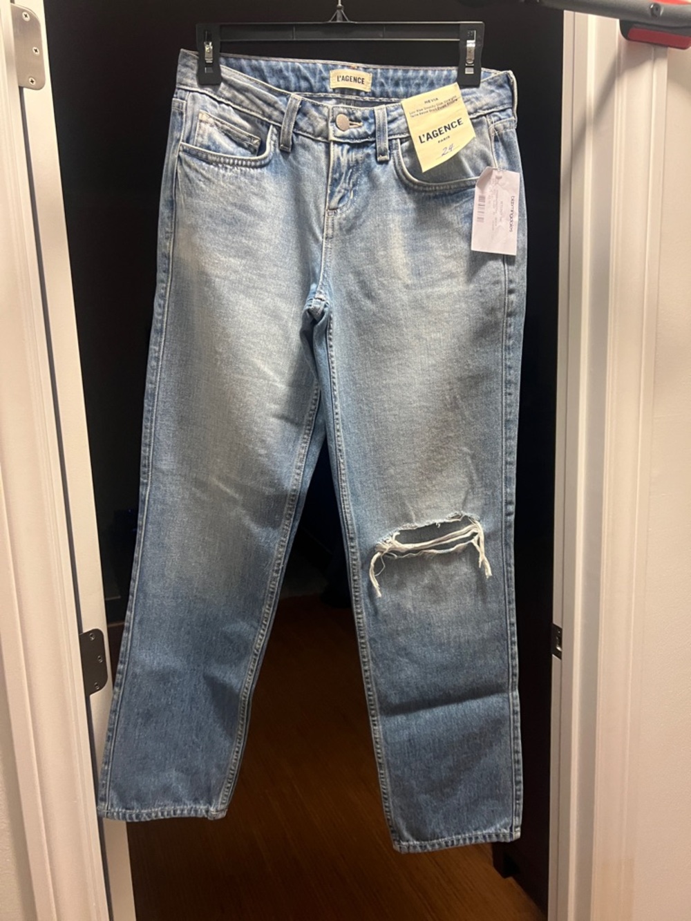 L'AGENCE Light Blue Boyfriend Jeans with Knee Distress